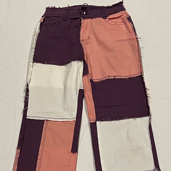 Patchwork Colorblock denim pants boho casual streetwear Good vibes 26x29 - Picture 1 of 8